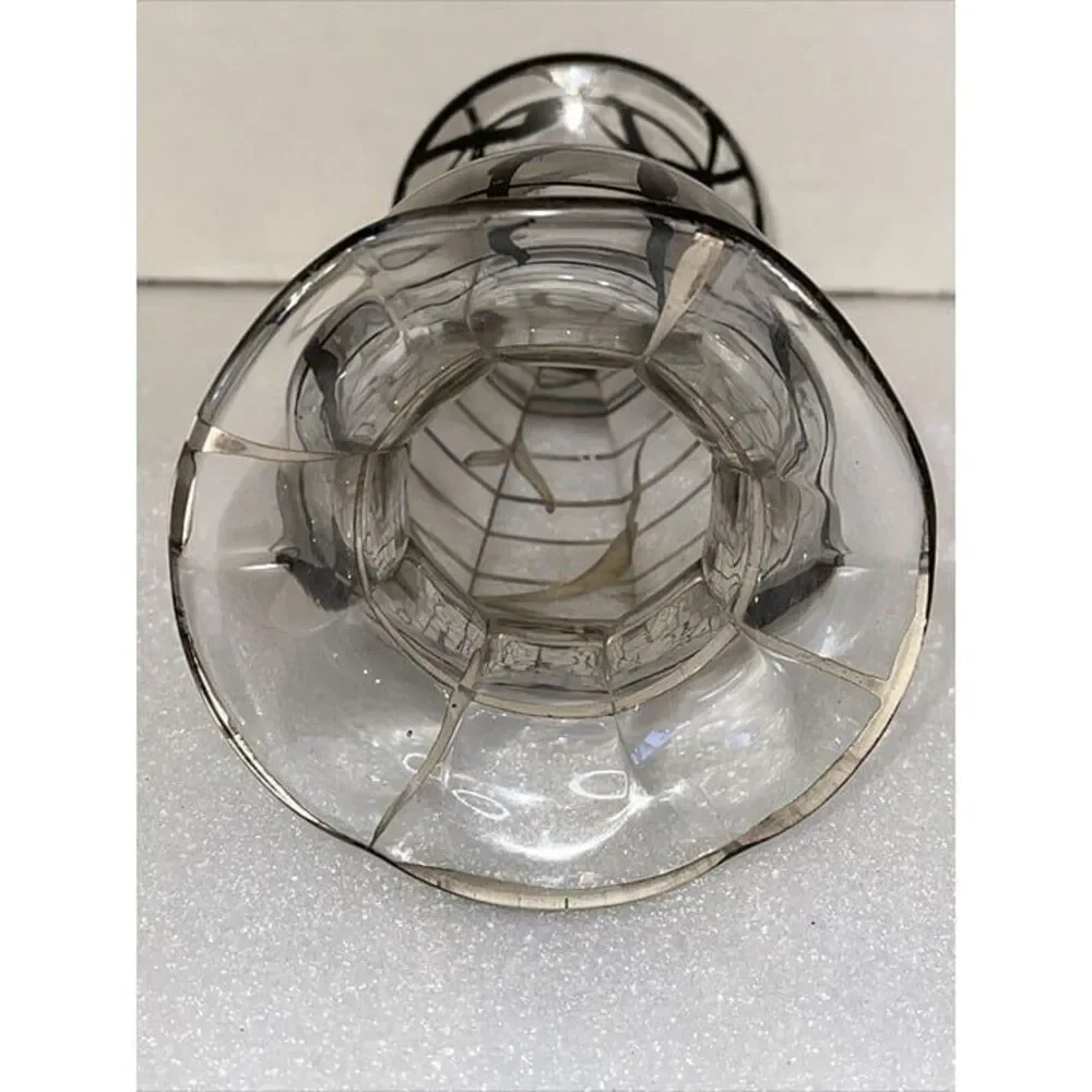 Art Nouveau Vase Sterling Silver Overlayed Glass Fluted Lip Footed Circa 1930’s